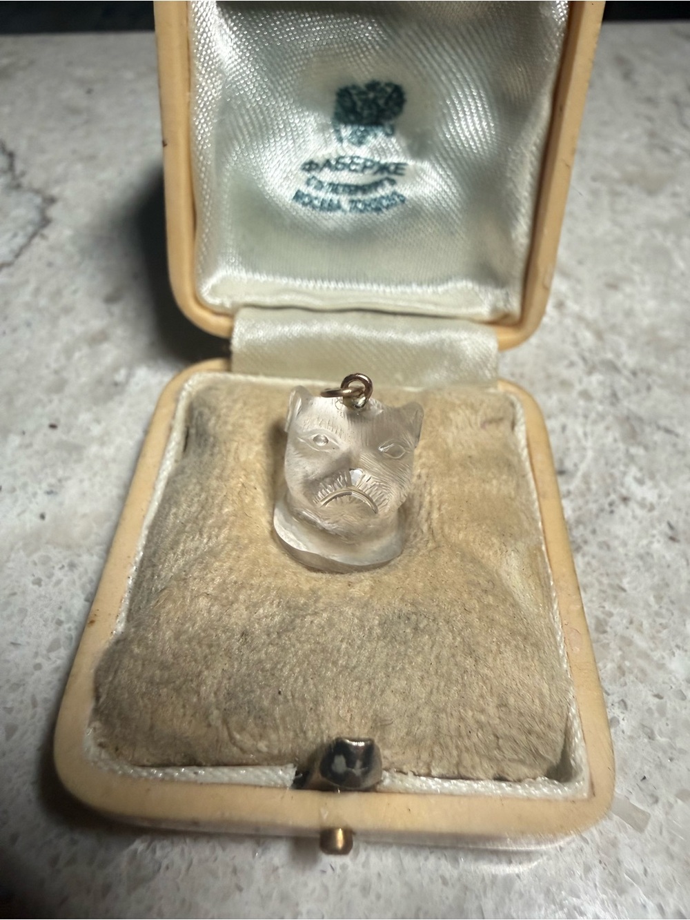 Fabergé Pre-Revolution Rock Crystal Carved Bulldog French Bulldog 14kt Pendant